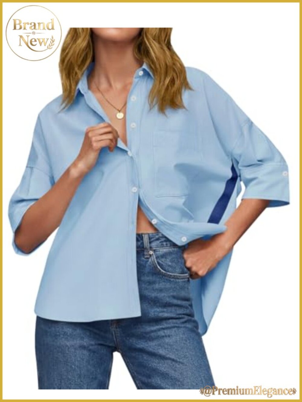 Oversized Button Down Shirt Half Sleeve V-Neck Collared Blouse